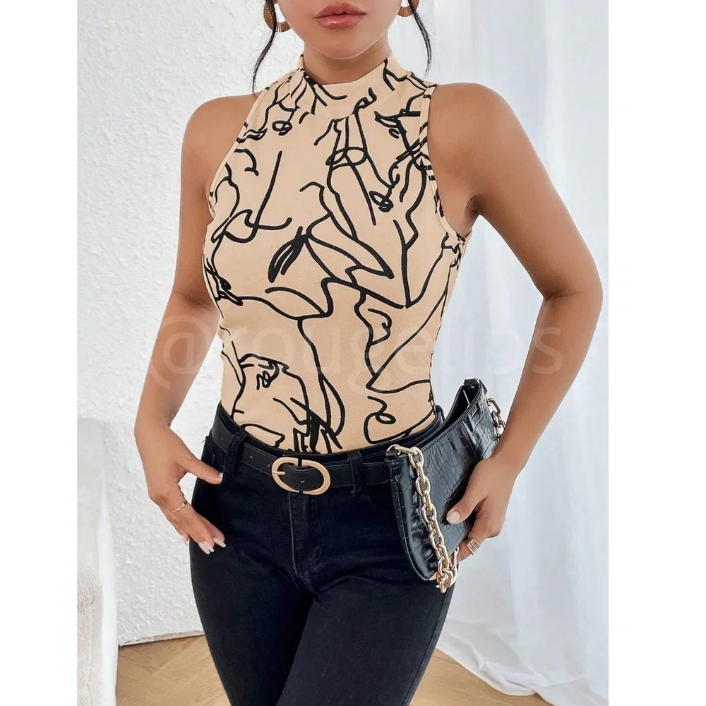 Abstract Face Print Beige Tan Sleeveless Top Slim Fit High Neck - Picture 5 of 7